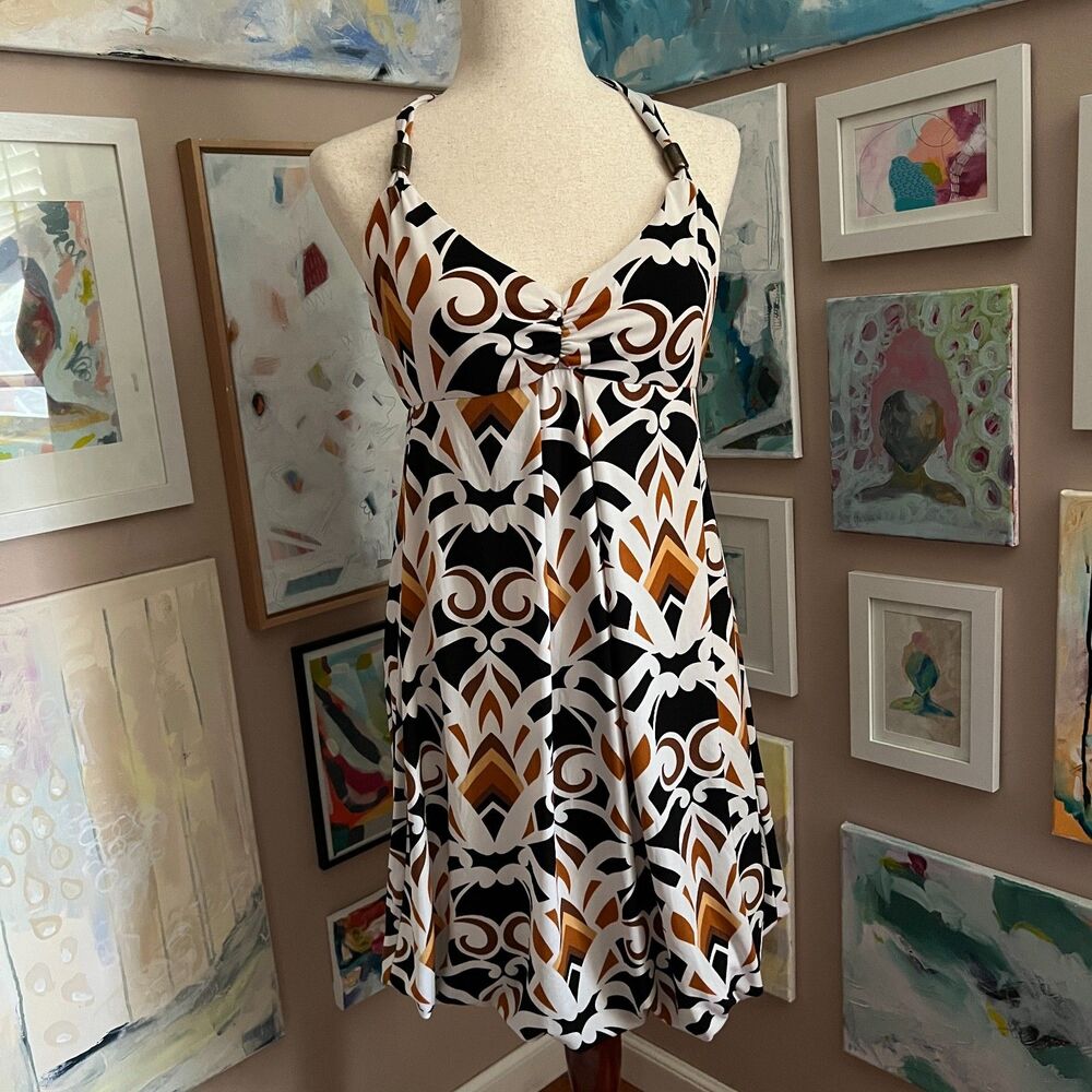 Bisou Bisou Michele Bohbot Geometric Halter Midi Dress Sz 10 y2k Retro Art Deco
